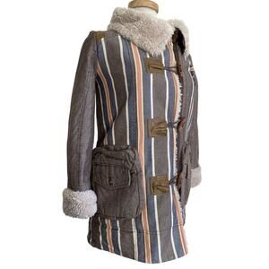 Donoratico Ding Yong Stripe Winter Coat Wood Toggle Trim Faux Sherling Lining S